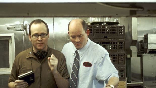 Rob McKittrick and David Koechner (as Dan) on the set of Waiting. (Photo: Steven Teagle)