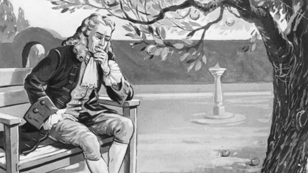 English mathematician and physicist Sir Isaac Newton (1642 - 1727) contemplates the force of gravity, as the famous story goes, on seeing an apple fall in his orchard, circa 1665. (Photo by Hulton Archive/Getty Images)