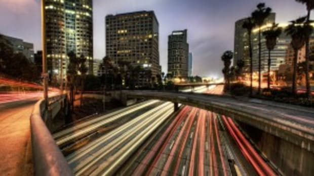 Traffic at dusk, Los Angeles, California, USA