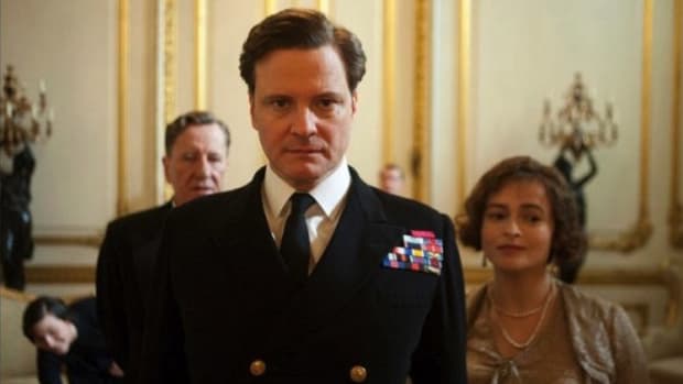 Colin Firth portrays King George VI with co-stars Geoffrey Rush and Helena Bonham Carter in The King's Speech.