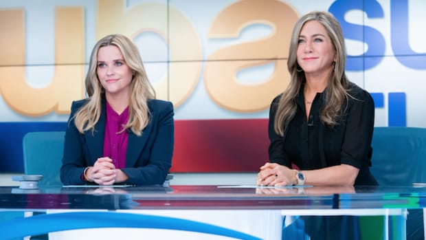 Reese Witherspoon and Jennifer Aniston in “The Morning Show,” now streaming on Apple TV+.