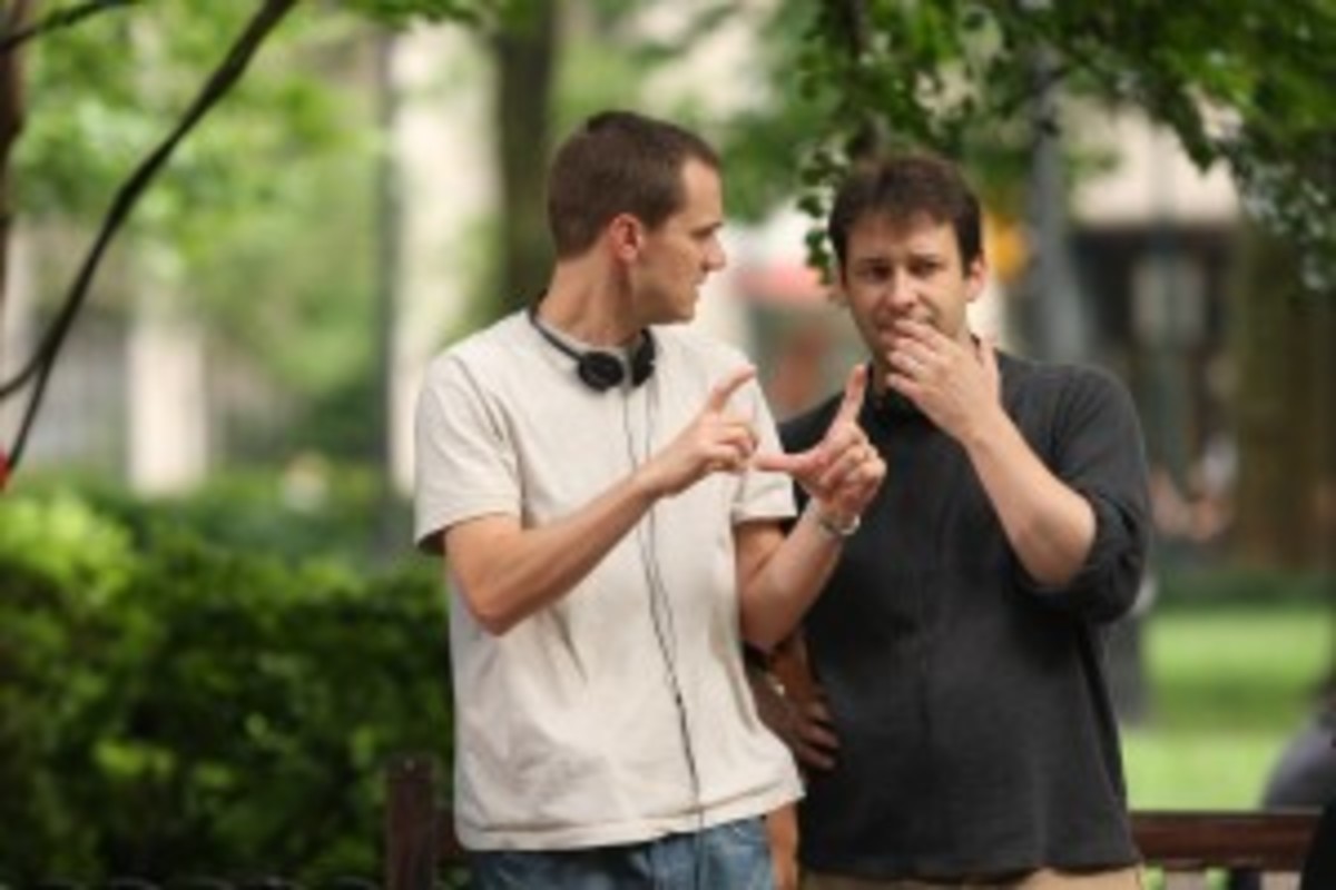  Screenwriter Michael Jaeger and writer-director Josh Shelov (right) on the set ofThe Best and the Brightest