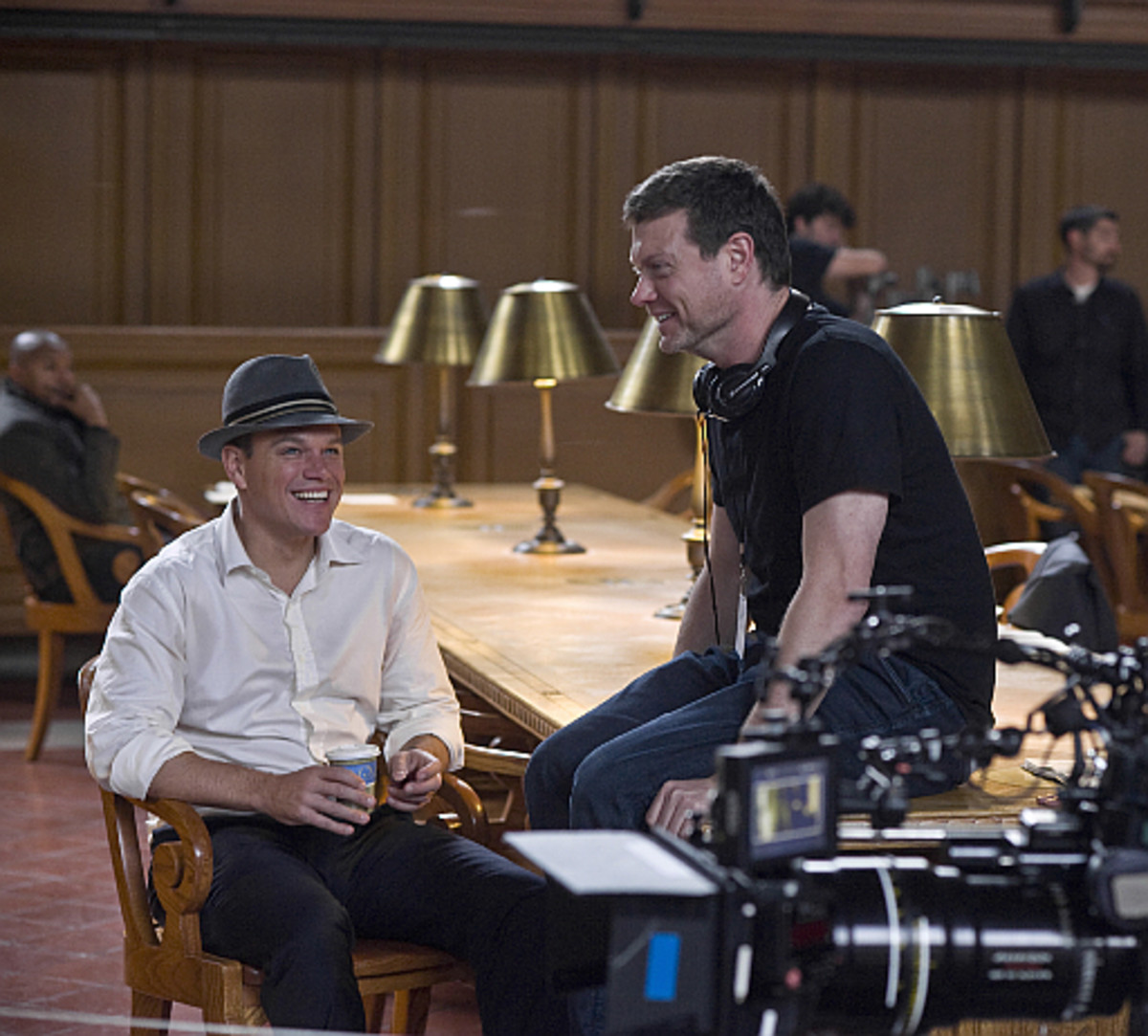 Writer/director George Nolfi (right) with actor Matt Damon on the set of The Adjustment Bureau