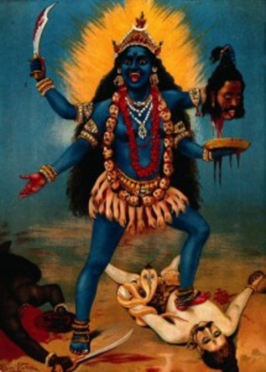 V0045118 Kali trampling Shiva. Chromolithograph by R. Varma. Credit: Wellcome Library, London. Wellcome Images images@wellcome.ac.uk http://images.wellcome.ac.uk Kali trampling Shiva. Chromolithograph by R. Varma. By: Ravi VarmaPublished: - Copyrighted work available under Creative Commons by-nc 2.0 UK, see http://images.wellcome.ac.uk/indexplus/page/Prices.html