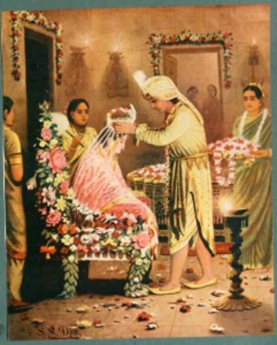 Hindu deity king Rama crowns his queen Sita with flowers.