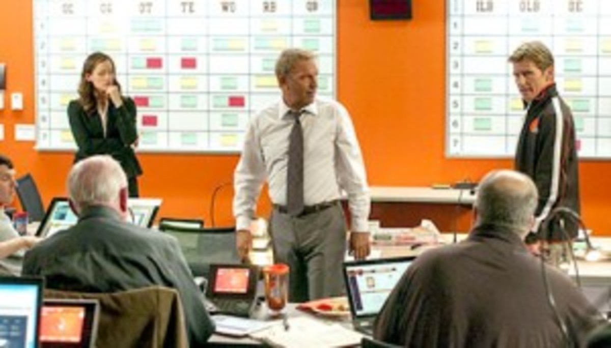 Sonny (Kevin Costner) confronts his angry staff. If you don't already know about the ins and outs of the NFL draft, this film will not do much to help.