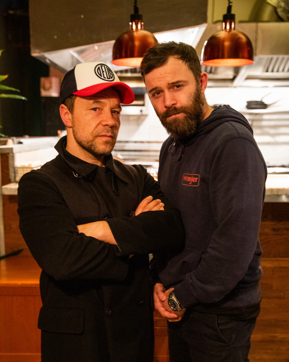 Actor Stephen Graham and Co-Writer/Director Philip Barantini on the set of the drama/thriller, BOILING POINT, a Saban Films release. Photo courtesy of Saban Films. 