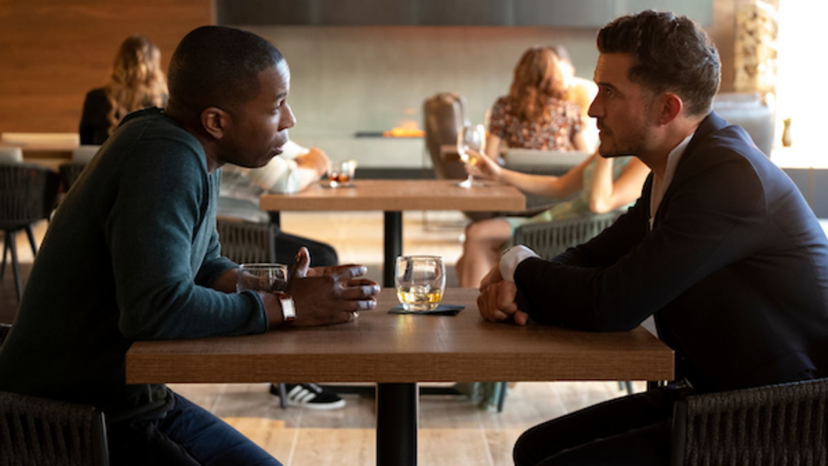 [L-R] Leslie Odom Jr. and Orlando Bloom in the romance/sci-fi film, NEEDLE IN A TIMESTACK, a Lionsgate release. Photo courtesy of Lionsgate.