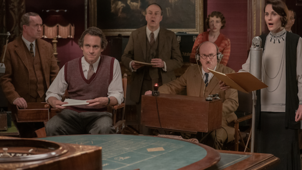 [L-R] Hugh Dancy stars as Jack Barber, Kevin Doyle as Mr. Molesley, Alex MacQueen as Mr. Stubbins and Michelle Dockery as Lady Mary in DOWNTON ABBEY: A New Era, a  Focus Features release. Credit: Ben Blackall / © 2022 Focus Features LLC.