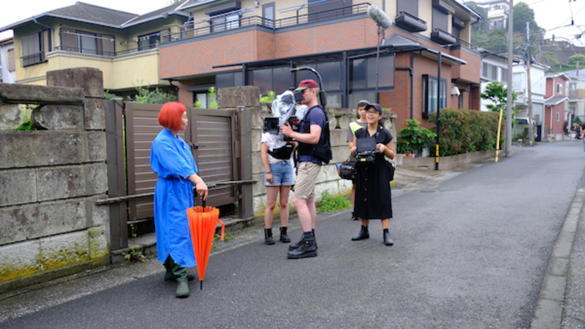 [L-R] Urara Takano, Cinematographer Conor Murphy and Writer-Director Anna J. Takayama behind the scenes of The Voice Actress. Courtesy Anna J. Takayama. 