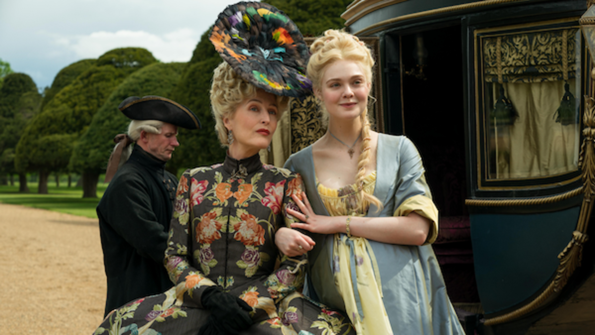 Gillian Anderson as Joanna and Elle Fanning as Catherine in The Great. Photo by Gareth Gatrell/Hulu.
