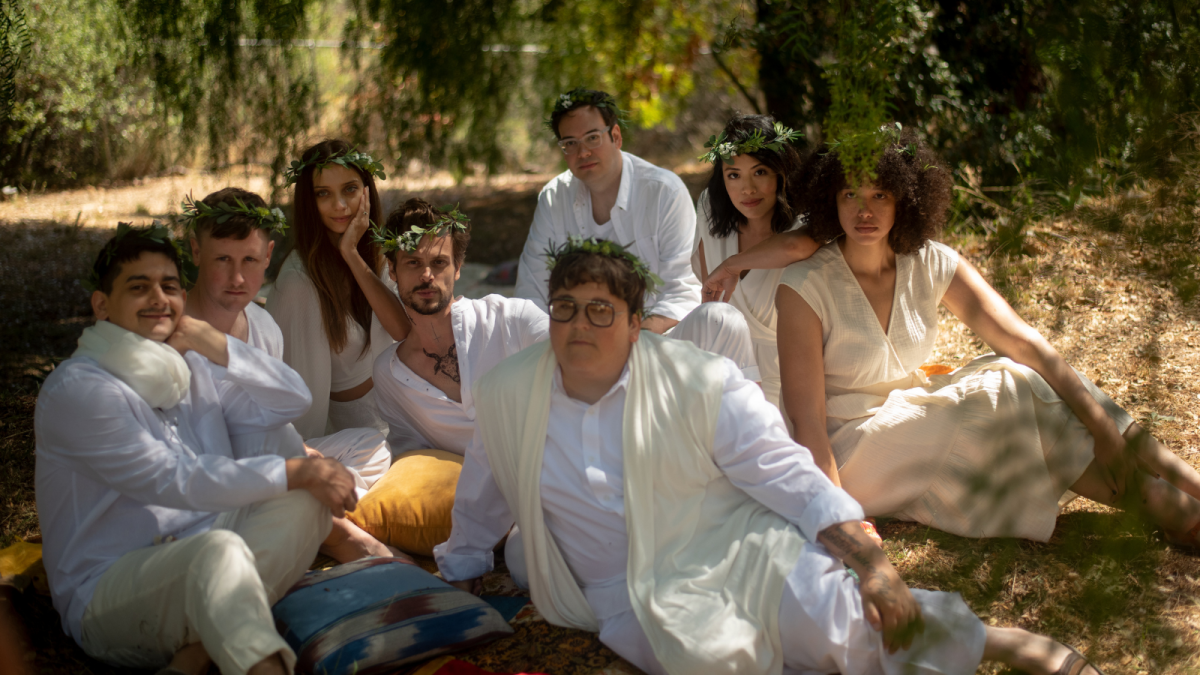 (L-R) Josh Fadem as Neptune, Johnny Pemberton as Desmond, Angela Sarafyan as Willow, Mathew Gray Gubler as Thorn, Andy Milonakis as Percival, Nelson Franklin as Angus, Emily Chang as Echo and Kate Comer as Rowena in the comedy KING KNIGHT, a King Knight LLC release. Photo courtesy of King Knight LLC.