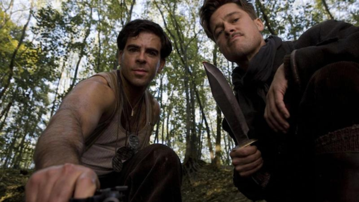 [L-R] Eli Roth as Sgt. Donny Donowitz and Brad Pitt as Lt. Aldo Raine in Quentin Tarantino's Inglorious Basters. Courtesy Universal Pictures.