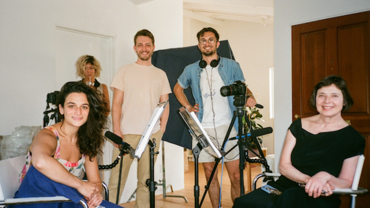 [L-R] Jenny Slate, Nick Paley, Dean Fleischer-Camp, and Isabella Rossellini behind the scenes of Marcel the Shell with Shoes On. Courtesy A24.