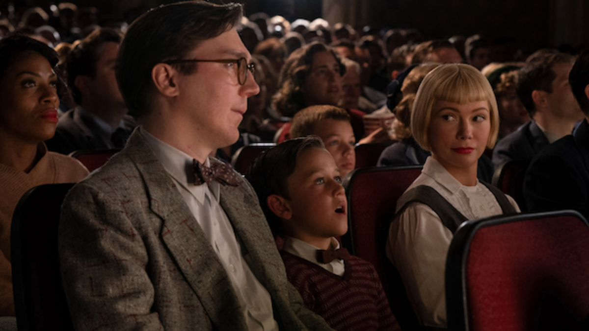 [L-R] Burt Fabelman (Paul Dano), Younger Sammy Fabelman (Mateo Zoryan Francis-DeFord) and Mitzi Fabelman (Michelle Williams) in The Fabelmans, co-written, produced and directed by Steven Spielberg. Courtesy Universal Pictures and Amblin Entertainment.