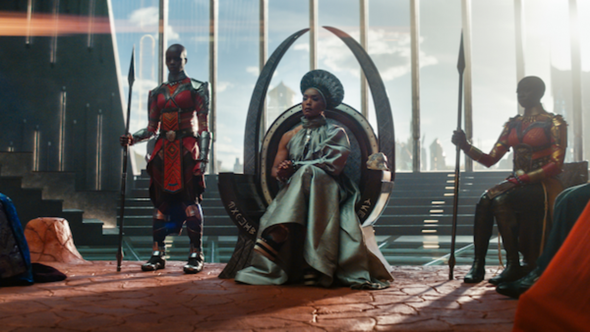 [L-R] Florence Kasumba as Ayo, Angela Bassett as Ramonda, Danai Gurira as Okoye in Marvel Studios' Black Panther: Wakanda Forever. Photo courtesy of Marvel Studios.