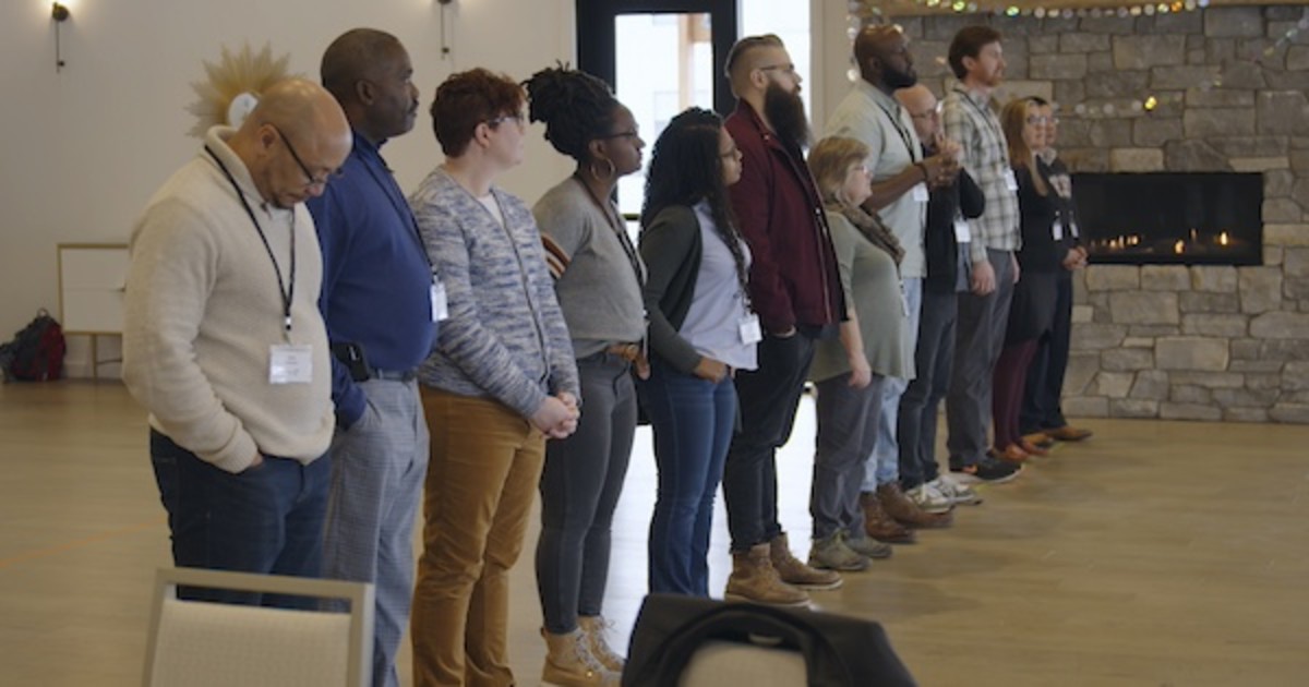 [L-R] Pastor Line Exercise; Artie Lindsay, Dr. James Stokes, Joan VanDessel, Ashlee Eiland, Tierra Marshall, Ben Kampmeier, Kim DeLong, Chase Stancle, Troy Hatfield, Andrew Vanover, Molly Bosscher and Cornelius Ting, LEAP OF FAITH (2024).